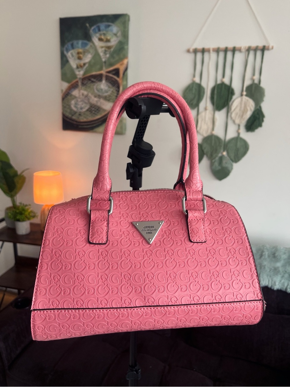 Guess Pink Handbag With Cheetah Print Interior And Adjustable Cross Body Strap